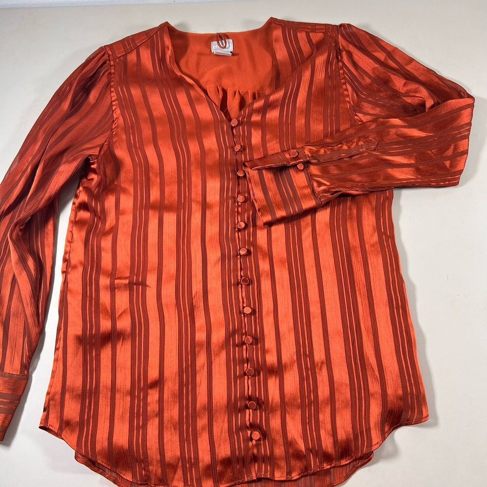 Chicos‎ Sheer Lined Button Up Shirt Sz 0 Rust Striped Long Sleeve Covered Button